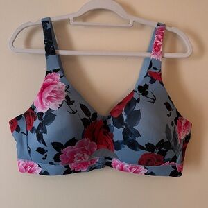 Cacique Floral Wireless Bra - Blue with Pink & Red Roses
